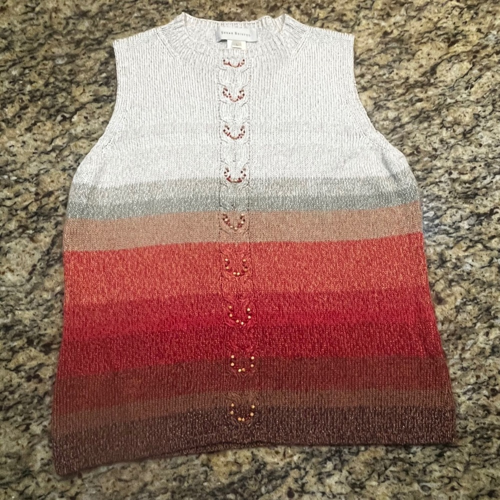 Susan Bristol Vintage 2002 Ombre Beaded Cable Knit Sweater Vest Top Womens L